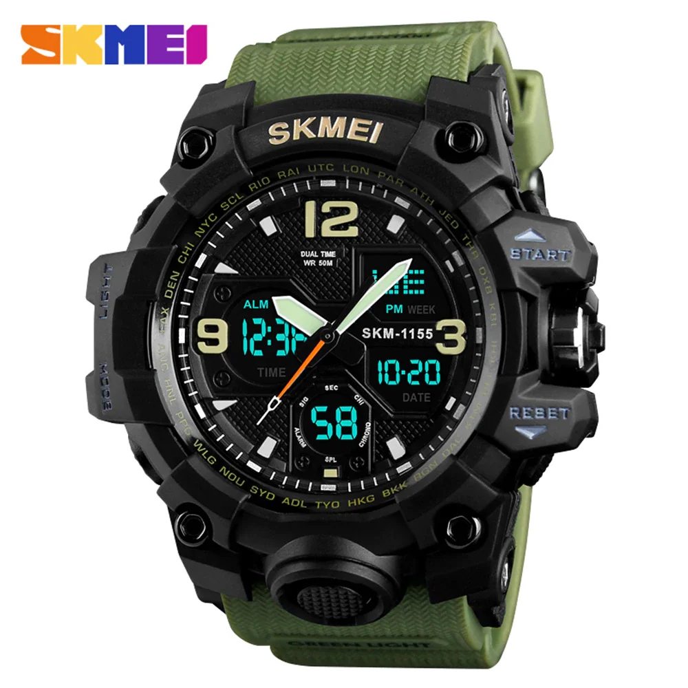 SKMEI 1155B кварцевые мужские часы цифровые электронные мужские часы модные повседневные спортивные мужские наручные часы водонепроницаемые - Цвет: Army Green
