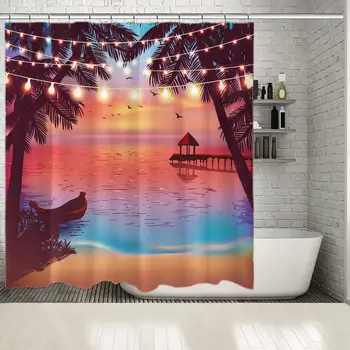 

Shower Curtain Beach Party with Boat and Bungalow in Sea Romantic Celebration Theme Art in Blue Red Brown Colors Print