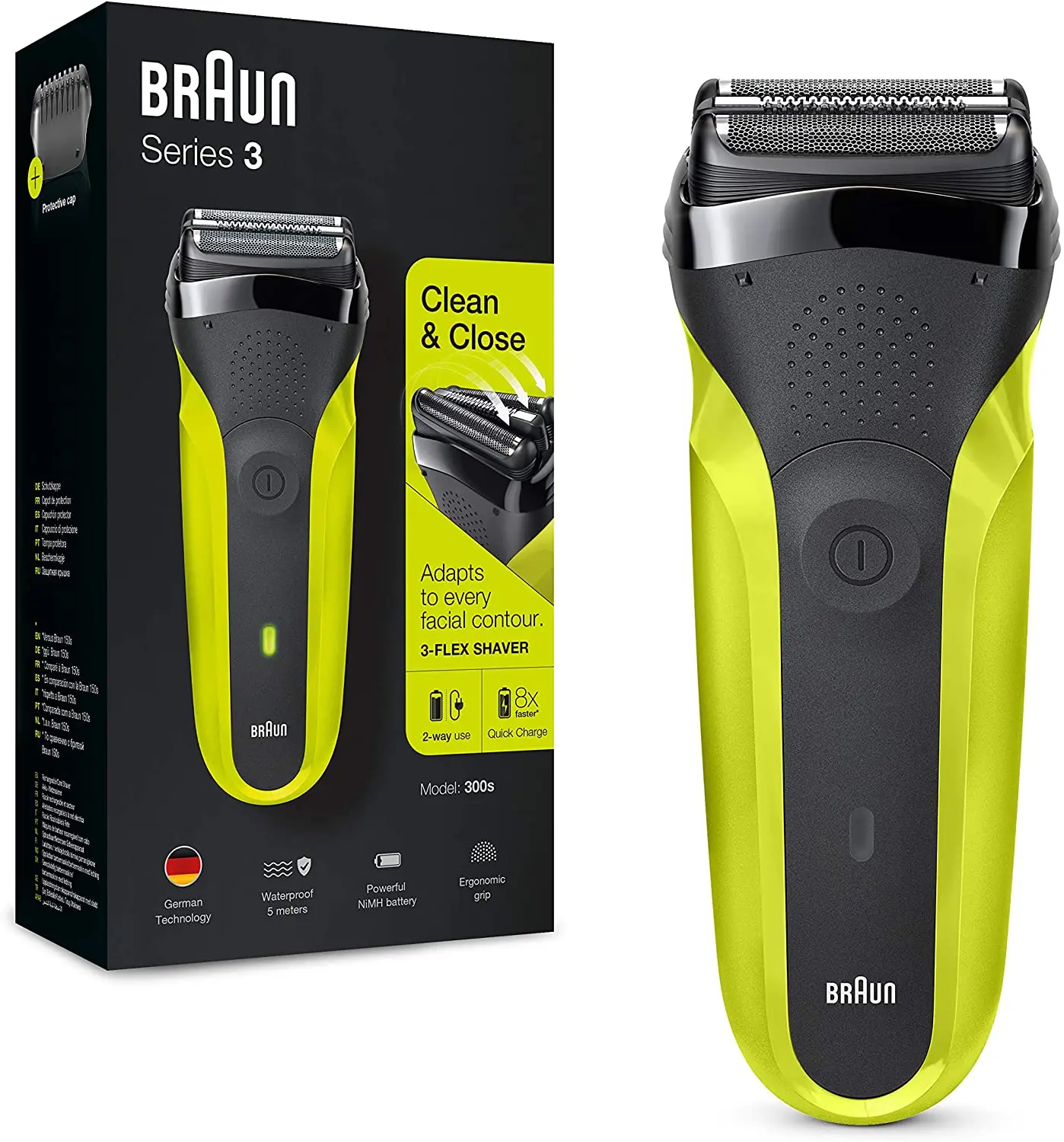 

Braun Series 3 300 Electric Shaver, Men's Razor with 3 Flexible Blades, Rechargeable, Cordless, Washable, Black / Green Color