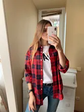 Plaid Shirt Tops Long-Sleeve Office Women Coat Loose Ladies Karsany And