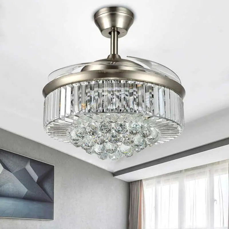 European Crystal Led Fan Light Invisible 42 Inch Silver/Gold Color Fan Light Bedroom Remote Control Ceiling