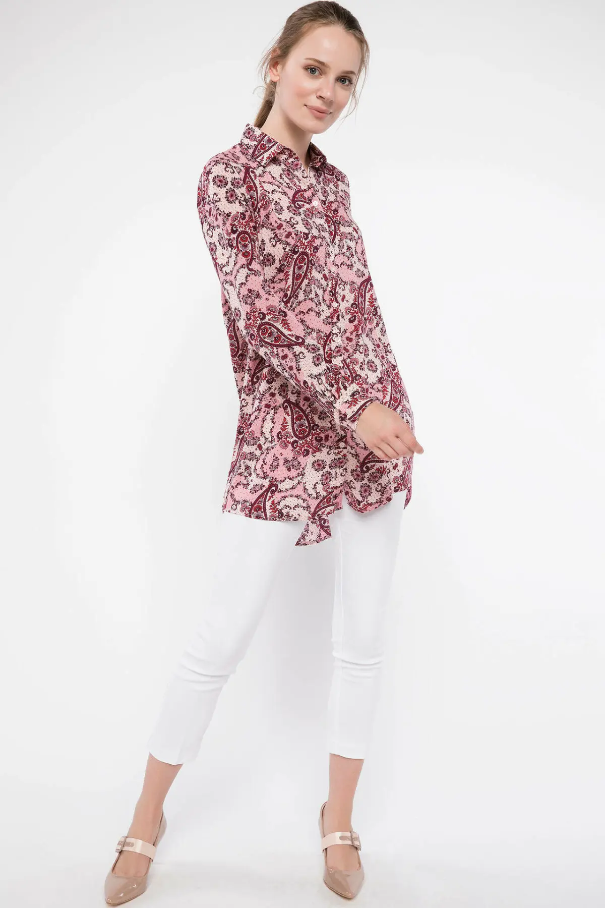  DeFacto Woman Summer Pink Color Blouse Women Casual Floral Prints Shirt Female Long Sleeve Woven Tu