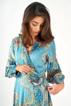 

Women&Women Paisley Design Designer Dress Double Breasted Model Long Sleek Satin Turquoise