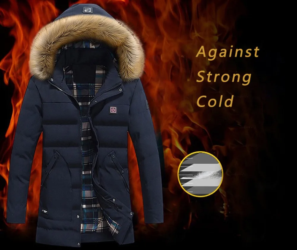 Мужская длинная ветрозащитная Теплая стеганая usb-батарея термостат нагревательная куртка