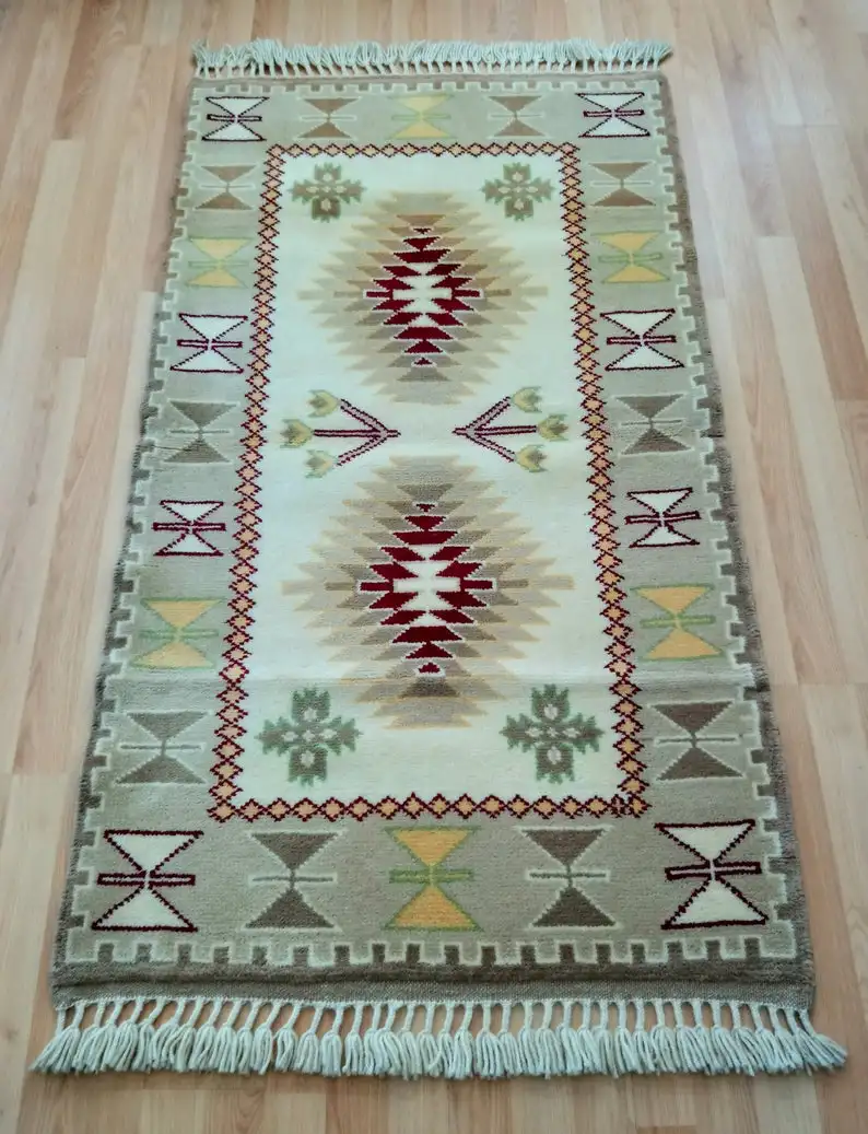 

Turkish Handmade Wool Rug, Anatolian Hand knotted Gray Rug, Oriental Handwoven Small Wool Carpet, Kars Handmade Rug