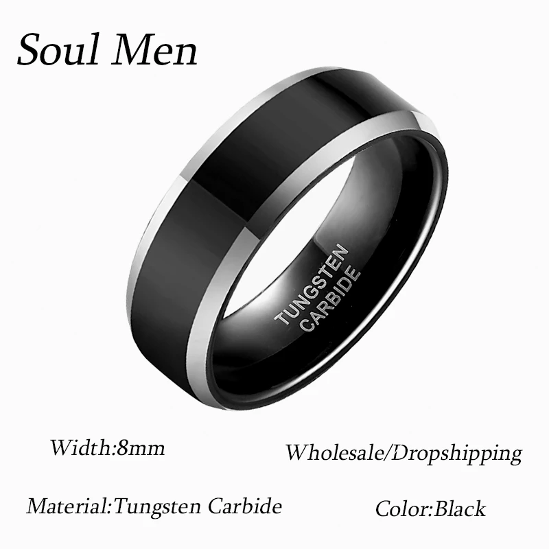

Wholesale 20pcs/lot 8mm Couple Men's Wedding Band Engagement Ring Jewelry Black Tungsten Carbide Ring High Polished Silver Edges