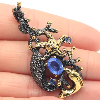 

54x26mm SheCrown Bohemia Design Dolphin Created Rhodolite Garnet Violet Tanzanite Cool Black Gold Silver Pendant For Woman