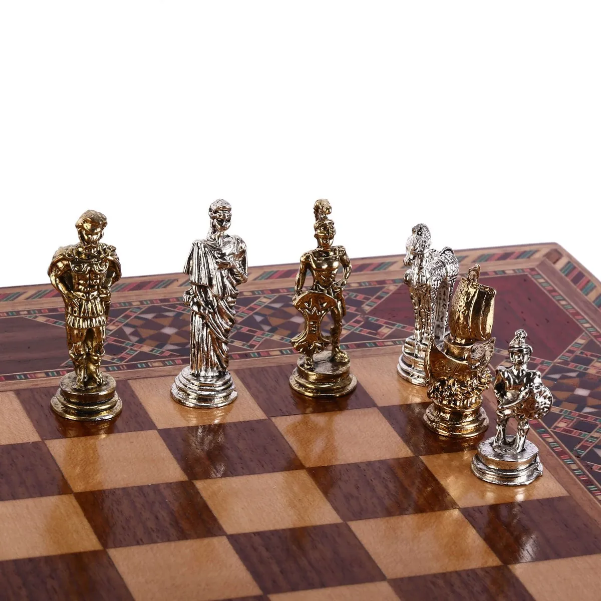 US $134.90 Historical Troy Figures Metal Chess Set Handmade Pieces Natural Solid Wooden Chessboard storage Inside Small Size King 5cm