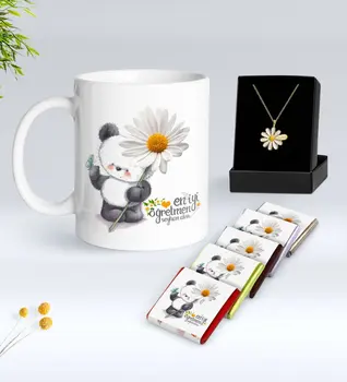 

Personalized Daisy Themed Best Teacher White Mug Chocolate and Is Daisy Necklace Gift Seti-9