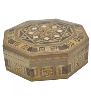 

Syrian Octagonal Tamarise Box - Decorated Geometric Cover- 15.5 cm