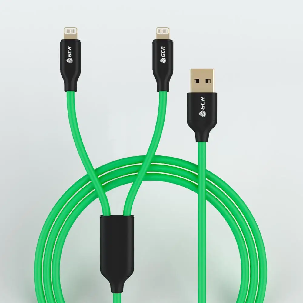 GCR кабель 2 в 1 для зарядки USB 2,0-Lightning/Lightning, зеленый, NO Sync data, 22AWG, 3А, золотистый - Color: green