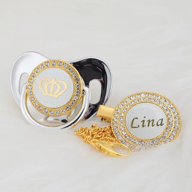 MIYOCAR custom name pacifier clip bling white crown pacifier and pacifier clip set luxurious unique gift PCW silver  0-6m