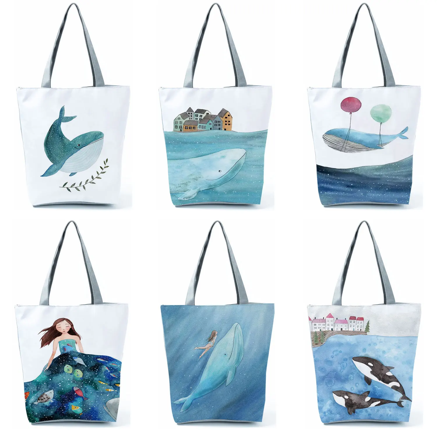 

Fresh Painting Cute Whale Sea Series Shopper Bag Women Handbags Large Capacity Totes Designer Eco Portable Shoulder Shopping Bag