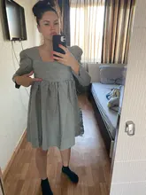 Plaid Dress Puff-Sleeve Square Collar Bclout Black White Sexy Vintage Autumn Casual Woman