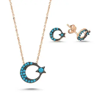

Angemiel 925 Silver Nano Turquoise Gemstone Moon Star Set - Rose Gold Plated