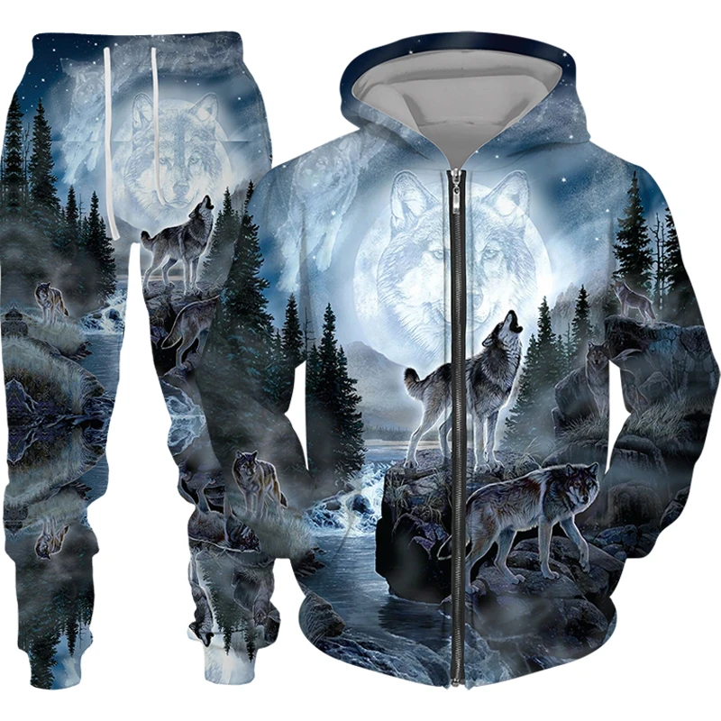 

Forest Wolf 3d Printed Hoodie Suit Male Fashion Zip Sweashirts Sweatpants 2pc Tracksuit Set Casual Jacket Men's Clothing Suits