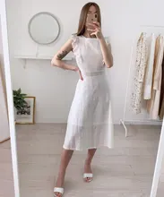 VITIANA-vestido Midi informal para mujer, vestido largo Midi liso en blanco y azul con encaje, sin mangas, elegante para fiesta de verano, 2018