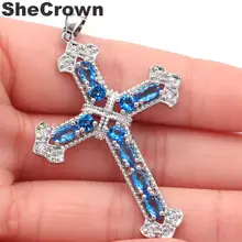 57x35 мм Классический длинный крест создан Париж, голубой топаз CZ подарок для матери серебряный кулон