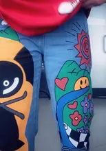 Pantalones vaqueros con estampado de dibujos animados para mujer, pantalón harén para niña, pantalón vaquero de cintura alta para mujer de talla grande