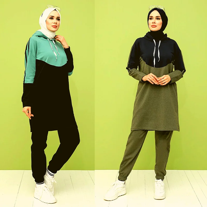 Con cremallera traje de chándal traje de bolsillos Collar mujeres Moda musulmana ropa Hijab damas casuales de deporte de estilo Musulman conjunto musulmán conjuntos ropa mujer musulmana turquia burkini abaya dubai vest