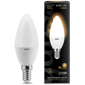 

Gauss LED candle lamp E14 6.5W 520lm 3000 K 103101107 pack 10 PCs