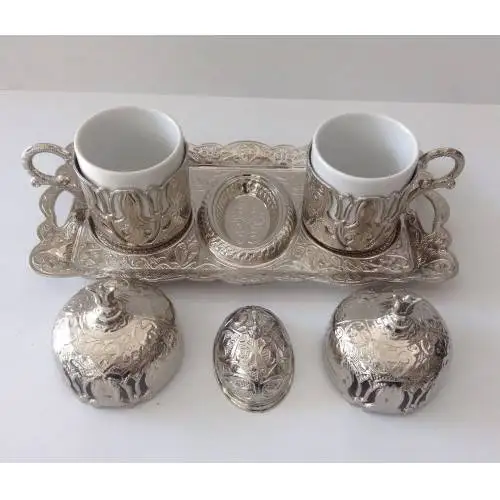 Turkish Coffee Set Silver Serving Tray Espresso Mugs Turkish Ottoman Coffee Set Silver Looking Metal Plated and Ceramic Coffee Set afbeelding
