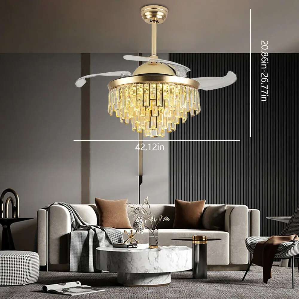 OUKANING 42'' Modern Crystal Dimmable LED Ceiling Light Chandelier Lamp With Fan + Remote for Home Application