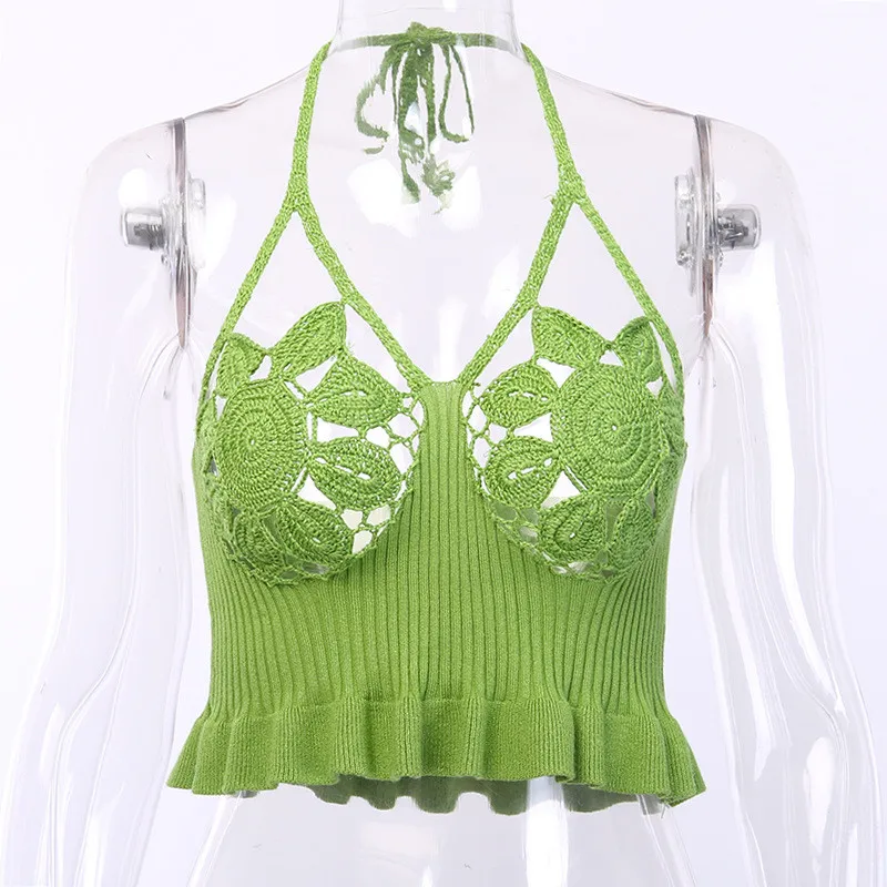 Зеленый Кроше Camisole Cami укороченный Топ для женщин сексуальная открытая спина Холтер полые вязальные майки, топы женские уличная Летняя Пляжная верхняя одежда - Цвет: Зеленый