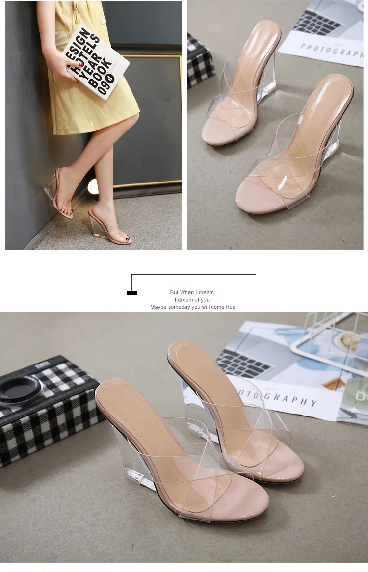Aneikeh/сандалии; женская обувь из ПВХ; Кристальные клинья; прозрачные женские пикантные прозрачные летние босоножки на высоком каблуке; Туфли-лодочки; размер 41