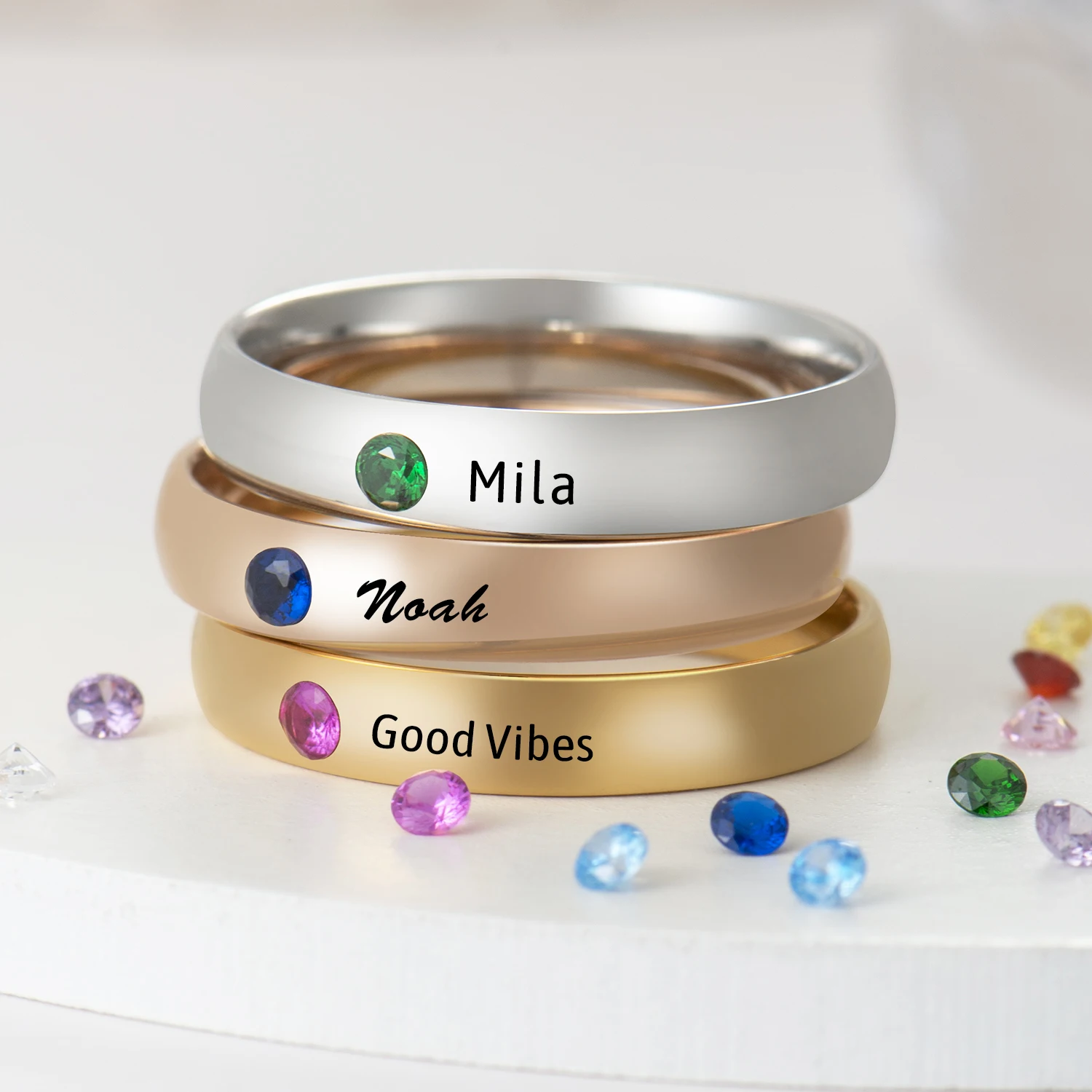 Personalized Names Birthstone Ring 4mm 
