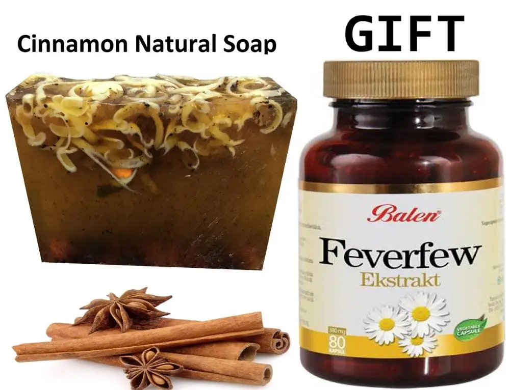 

Anti Acne Cinnamon Natural Handmade Soaps 100 gr+Gift Food Supplement Feverfew Extract Women Health Care 80 Capsules
