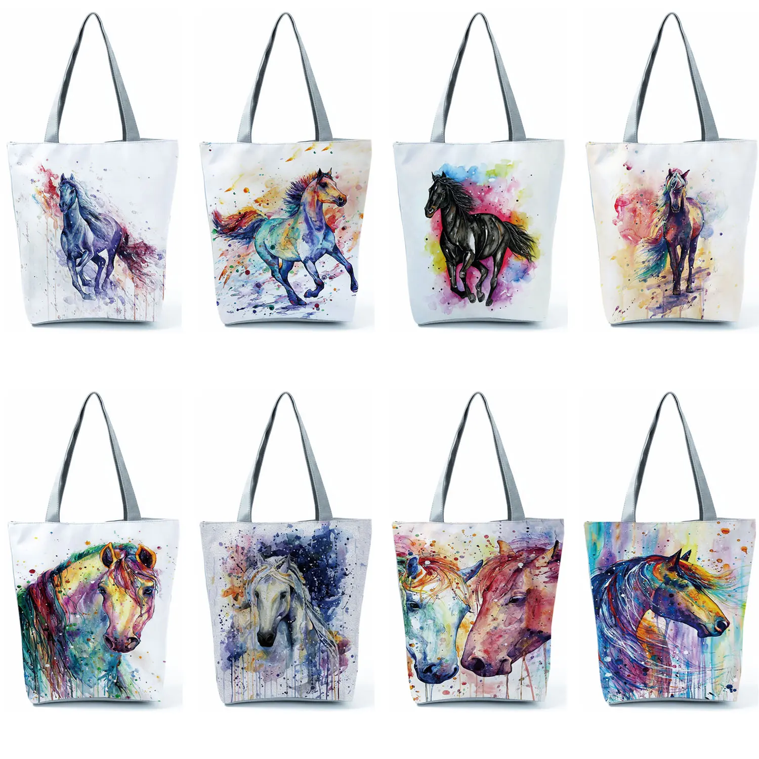 Traveling Tote Watercolor Horse Printed Casual Handbags For Women