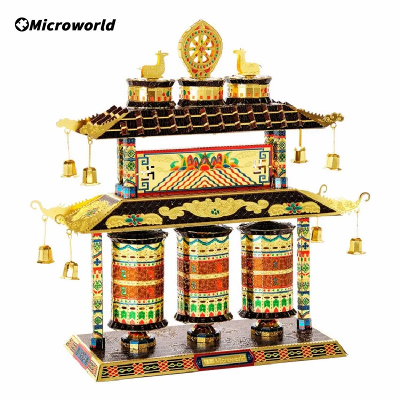 Microworld 3D Metal Puzzle Tibet Prayer Wheel Buildings Models Kits DIY Laser Cut Hobbies Jigsaw Toys Birthdays Gifts For Adults welly 1 24 volkswagen classics the beatles cars diecast simulated alloy toys car models boys gifts hobbies collectible ornaments