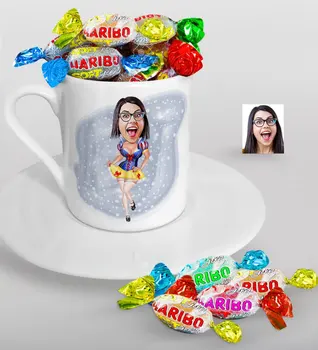 

Personalized Cotton Princess Caricature Of Turkish Coffee cup And Haribo Candy Gift set
