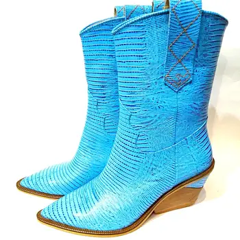 

37 size real leather brand blue boots western style high quality retro style turkish handmade for daily use