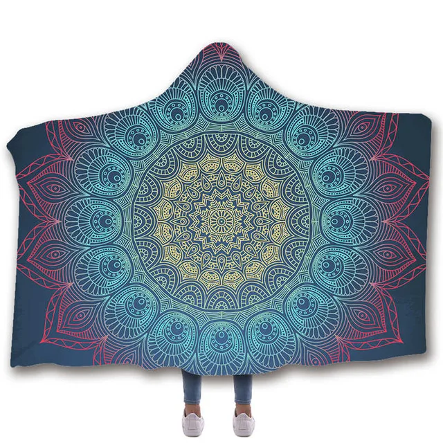 picture color Мандала boho psychedelic плюшевый, с принтом одеяло с капюшоном для взрослых и детей теплый домашний диван носимый двухслойный флис плед - Цвет: picture color