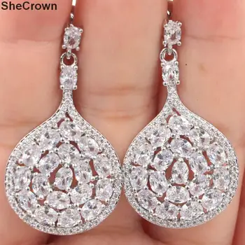 

38x21mm Romantic Created White Sapphire Gift For Sister Wedding Silver Earrings