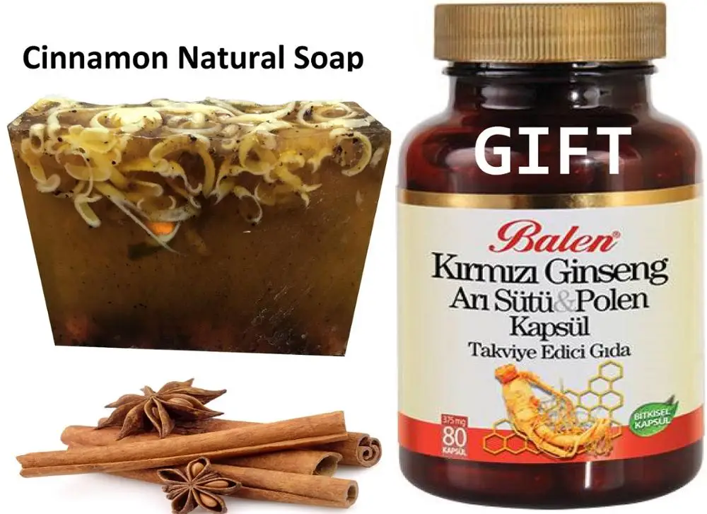 

Anti Acne Cinnamon Natural Handmade Soaps 100 gr+Gift Red Ginseng & Royal Jelly & Pollen Capsule Reinforcer Extract 80 Capsules