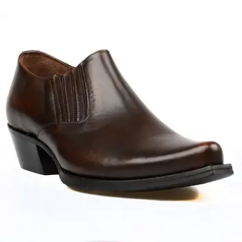 

FootCourt- Brown Cowboy Shoes Short Western Boots Genuine Leather Pointed Toe Elastic Sides Casual Male Boots Handmade Designer