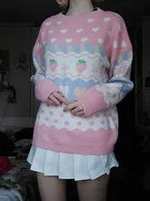Suéter de punto Kawaii japonés para mujer, jersey de manga larga con estampado de fresa, Top de punto Rosa Vintage para Otoño e Invierno