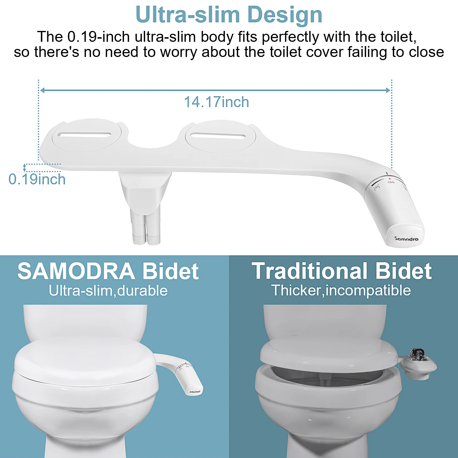 SAMODRA Self Cleaning Bidet for Toilet, Ultra-Slim Single Nozzle Bidet  Attachment for Toilet with Adjustable Water Pressure, Fresh Water  Non-Electric Bidet，Minimalist Bidet Ease of Use 