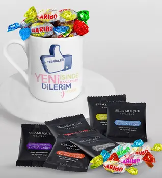 

Personalized New She Devotes The Success In Turkish coffee Cup Selamlique Mixed Turkish Coffee House and Haribo Candy Gift Seti-3