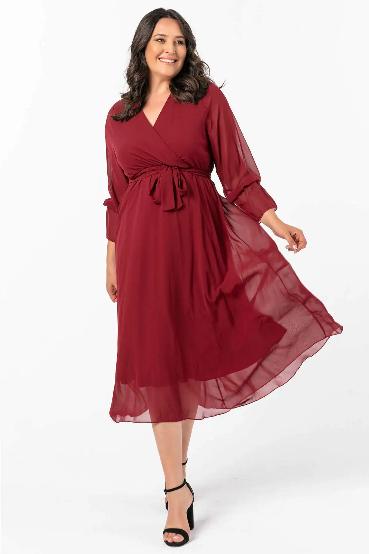 

Angelino Plus Size Double Breasted Collar Chiffon Dress Mid Length Full Sleeve Gown Burgundy White Powder Color Ladies Clothing
