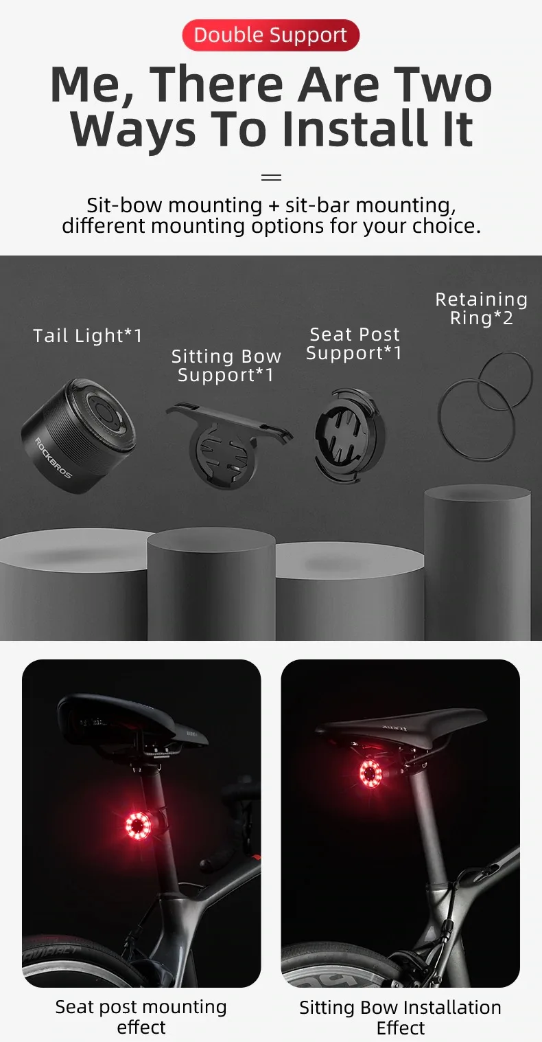 ROCKBROS Waring Bike Tail Light USB Charge Water-resist Rear Light Double Bracket 7 Colors Cycling Light Lamp Bike Accessories