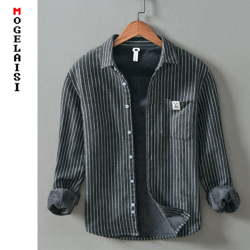 Striped Shirt Flannel Clothing Long-Sleeve Asian-Size Winter Man New 845 Tops Thick High-Quality