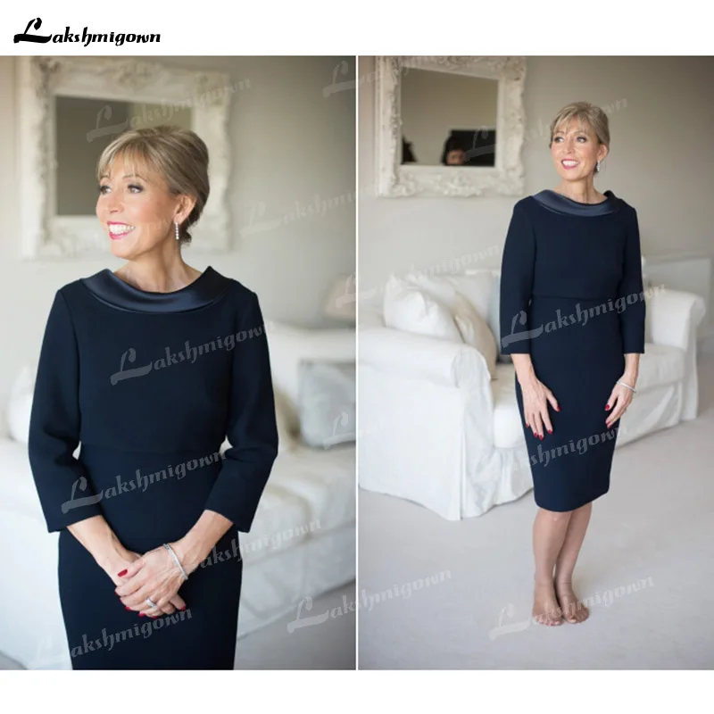 

Simple O Neck Satin Three Quarter Knee-Length Mother Of The Bride Dress Plus Size Long Party Gown robe mere de la mariee 2021