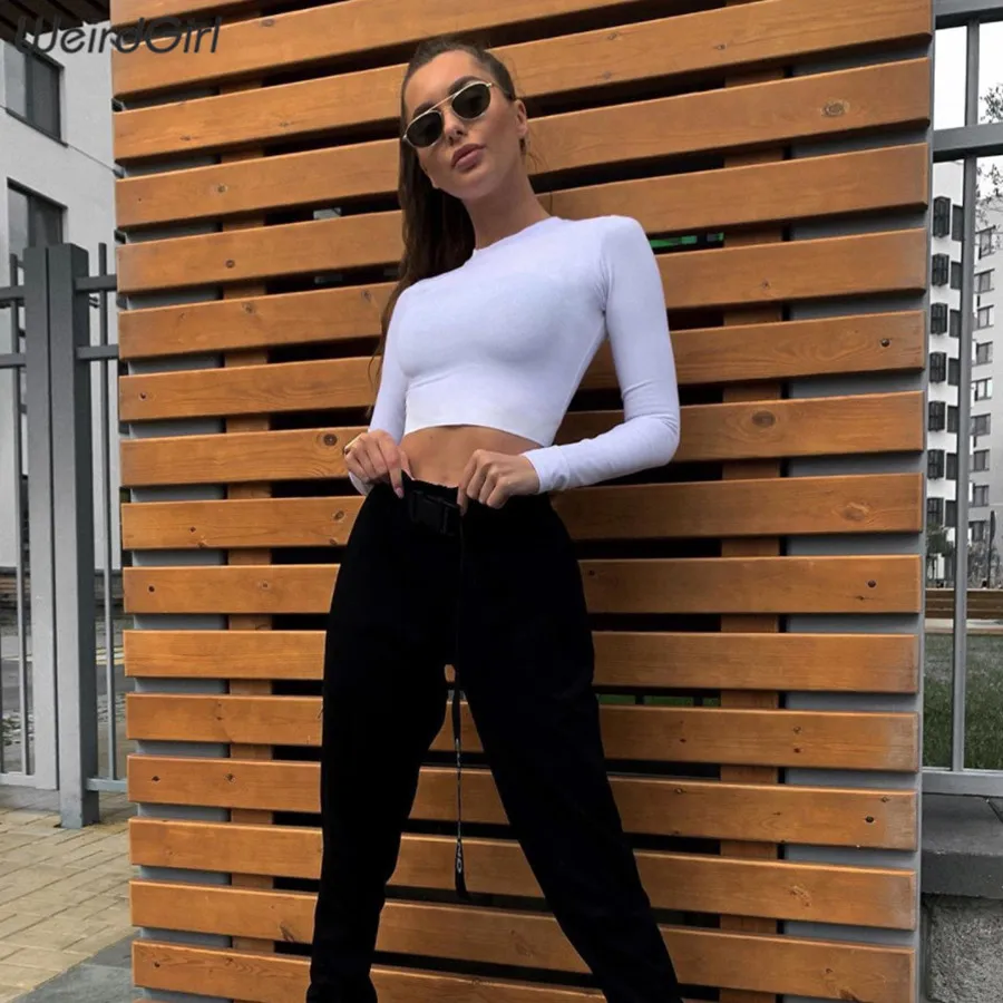 Weirdgirl womem хлопковые тонкие футболки с длинным рукавом, однотонные белые уличные тянущиеся футболки, Короткие топы, женские рубашки Harajuku