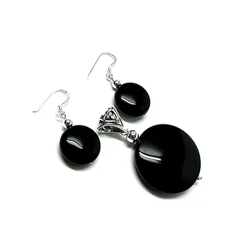 

Set 925 Sterling silver m smooth black stone round [AB0895]