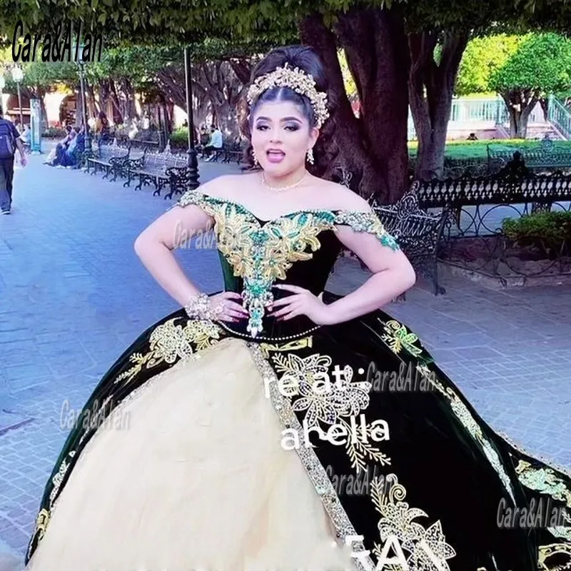 White And Gold Quince Dress Charro Vestidos De 15 Aos Color Dorado  LOVELIULIU66 Gold