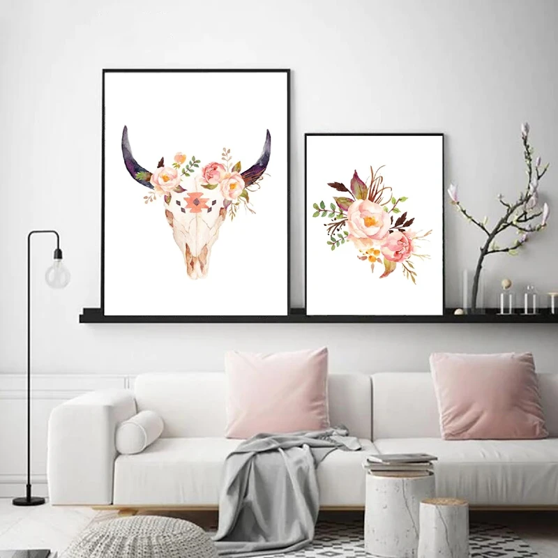 Boho Flowers Skull Watercolor Canvas Poster Prints Home Wall Decor